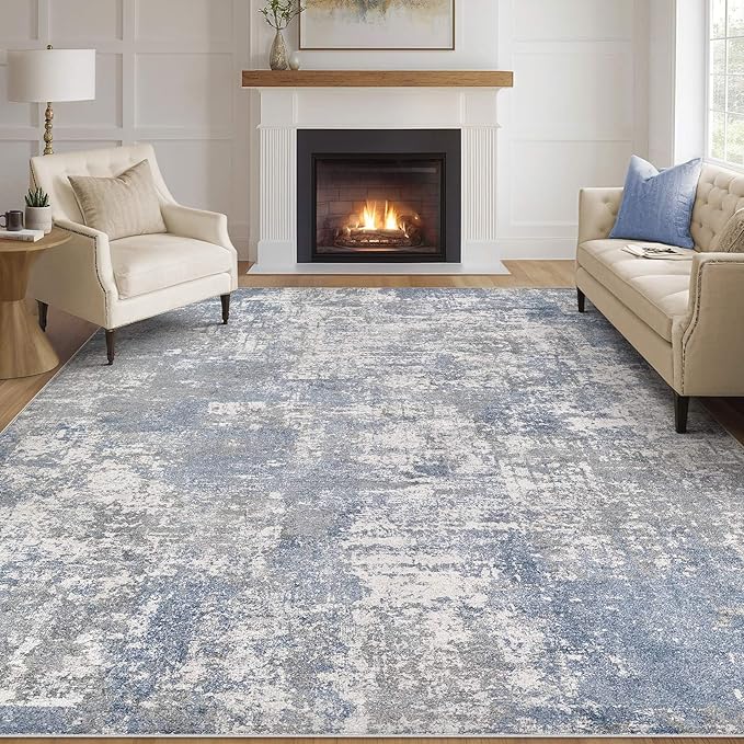 Tortania Washable 5x8 Area Rug for Living Room: Modern Abstract Neutral Large Soft Thin Rugs - Non Slip Indoor Carpet for Bedroom Dining Room Office Nursery Home Floor Decoration - Blue Grey
