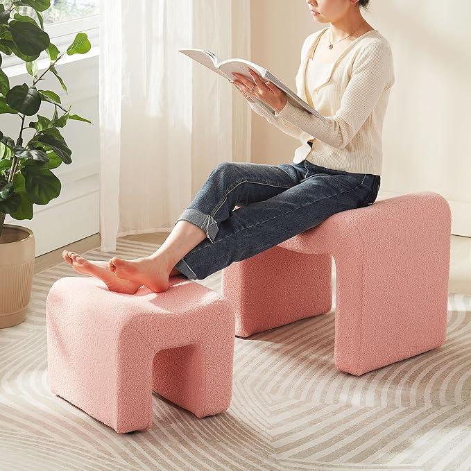 Ottoman Set of 2 Vanity Stool Chair Seating Backless Modern Foot Rest Teddy Velvet Small Footstool Ottoman for Makeup Room Living Room Bedroom Entryway,(2-in-1) Pink