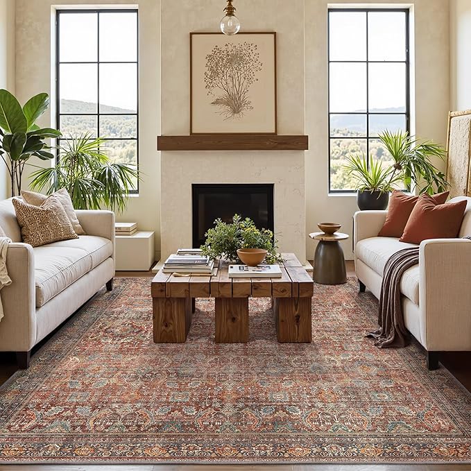 GENIMO 9x12 Area Rugs for Living Room, Machine Washable Non Slip Vintage Rugs, Low Pile Lightweight Chenille Print Rug for Bedroom, Dining Room, Home Office, Terracotta Indigo