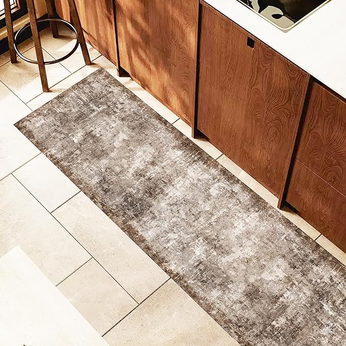 2'6'' x 8' Washable Area Rug - Low Pile Soft Vintage Indoor Rug for Living, Dining or Bedroom - Lightweight Carpet with Non-Slip Backing - Foldable for Easy Placement, Brown