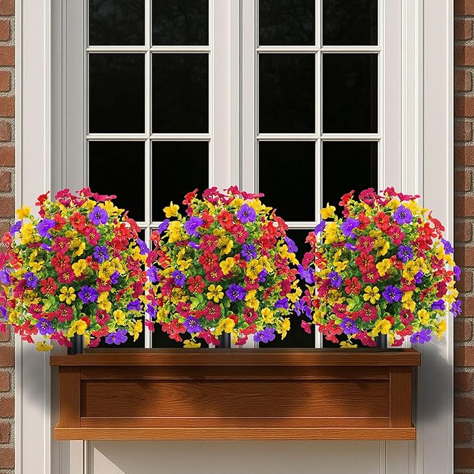 22.8" Set of 2 Fall Artificial Boxwood Topiary Ball with Spikes,UV Resistant Fake Outdoor shrubs with Violet Flowers, Realistic Faux Plants Bushes for Garden Front Porch Yard Patio Decor(Mixcolors)