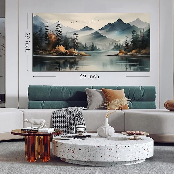 Rustic Wall Art for Living Room Large Size Teal Mountain Tree Landscape Canvas Wall Art for Bedroom Office Decor 29 x 59 Inch