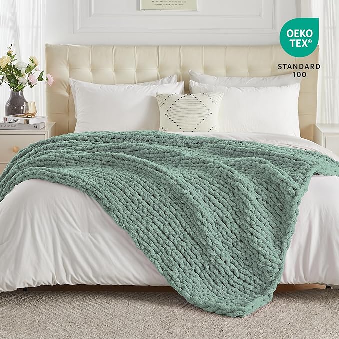 Carriediosa Chunky Knit Throw Blanket 60" X 80" Twin, 100% Hand Made Large Chenille Loop Yarn Soft Fluffy Throws for Couch Sofa Bed, Big Crochet Cozy Heavy Thick Cable Woven Blankets, Sage Green