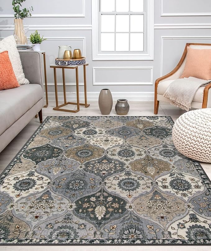Lahome Moroccan Machine Washable Area Rugs, 4x6 Rug for Living Room Bedroom, Soft Non-Slip Rug Vintage Trellis Ultra-Thin Throw Carpet for Dining Room Office, Grey