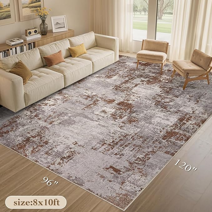 Tortania Washable 8x10 Area Rug for Living Room: Modern Abstract Neutral Large Soft Thin Rugs - Non Slip Indoor Carpet for Bedroom Dining Room Office Nursery Home Floor Decoration - Brown
