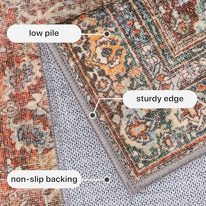 GENIMO 3x5 Area Rugs for Living Room, Machine Washable Non Slip Vintage Rugs, Low Pile Lightweight Chenille Print Rug for Bedroom, Dining Room, Home Office, Terracotta Indigo