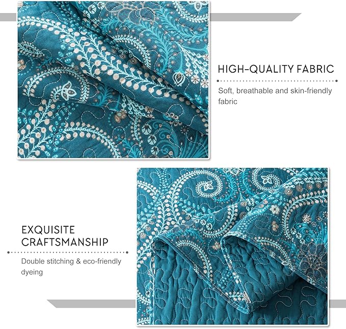 Travan 3-Piece Cotton Quilt Set Quilted Bedding Set for All Season, Cyan Blue Flower, King Size