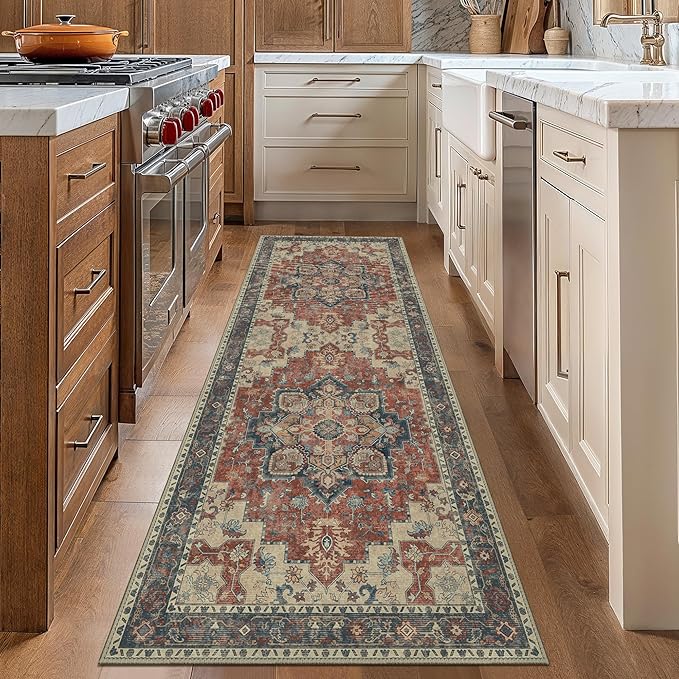 GENIMO 2x12 Runner Rugs for Hallway, Machine Washable Non Slip Vintage Rugs, Low Pile Lightweight Soft Print Rug for enrtyway, Corridor, Home Office, Kitchen, Bordeaux