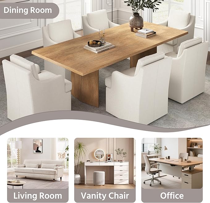 VKNOW Upholstered Dining Chairs Set of 4, Modern Kitchen Chairs Dinner Chairs with 4 Casters, Linen Armchair for Bedroom Reading Room Living Room, Beige