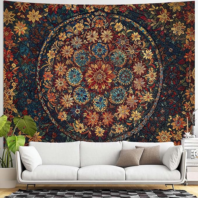 Fowocu Boho Floral Mandala Tapestry Wall Hanging Vintage Bohemian Flower Medallion Tapestry Aesthetic Orange Stained Glass Hippie Extra Large Tapestries for Bedroom Living Room Dorm Decor 90 x 68 Inch