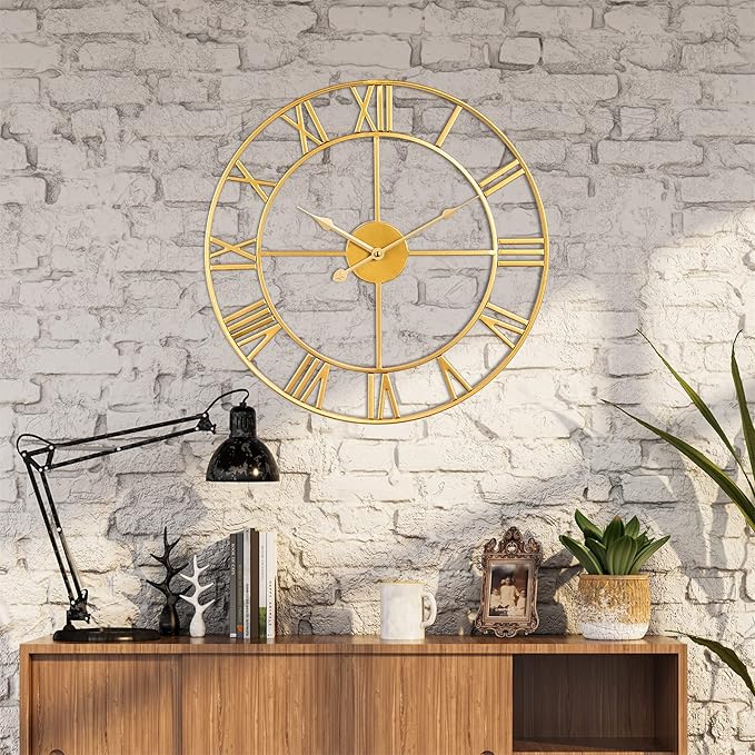 Large Wall Clock, Metal Retro Roman Numeral Clock, Modern Round Wall Clocks Almost Silent, Easy to Read for Living Room/Home/Kitchen/Bedroom/Office/School Decor (Gold, 16 Inch)