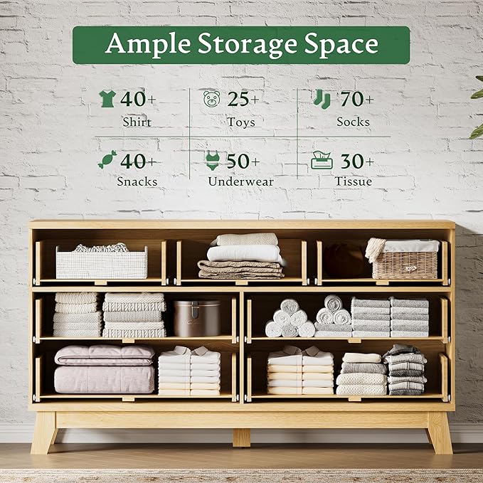 Fluted Dresser with 7 Drawers, 58" Wide Modern Chest of Drawers with Metal Handle, Wooden Dresser TV Stand, Wood Closet Clothes Storage Organizer for Bedroom, Living Room, Hallway, Natural Oak