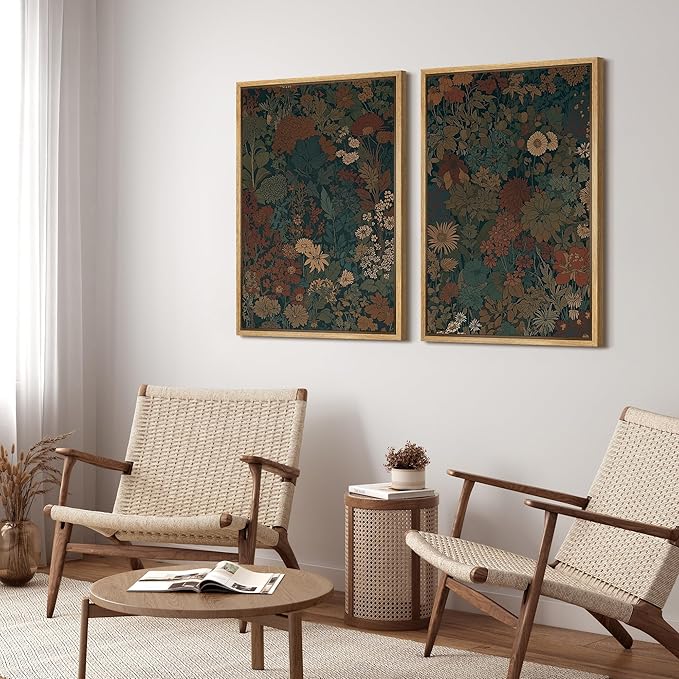 SIGNFORD Framed Canvas Print Wall Art Set Vintage Botanical Floral Dark Green and Rust Toned Illustration Modern Art Decorative Nordic Nature for Living Room, Bedroom, Office - 16"x24"x2 Natural