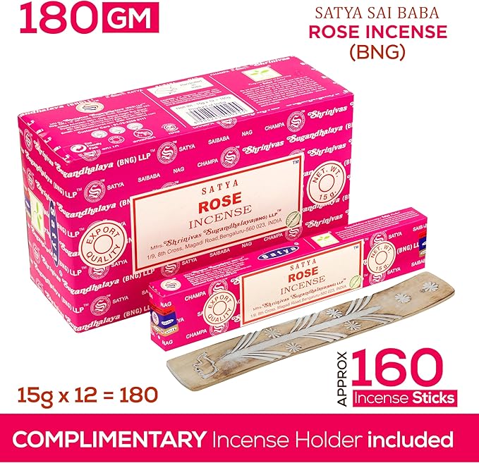 Satya Rose Incense Sticks, Satya Bng Insenses 15gmx12 Pack with Raajsee Incense Holder Bundle, Satya Nagchampa Natural Incense