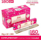 Satya Rose Incense Sticks, Satya Bng Insenses 15gmx12 Pack with Raajsee Incense Holder Bundle, Satya Nagchampa Natural Incense