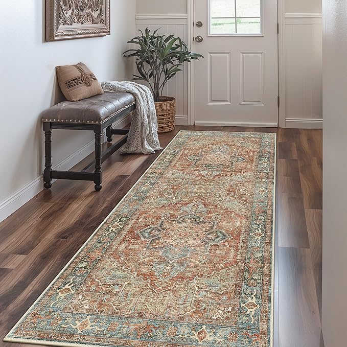 GENIMO Machine Washable 10x14 Area Rugs for Living Room, Non Slip Vintage Rugs, Low Pile Lightweight Chenille Print Rug for Bedroom, Dining Room, Home Office, Red Multi