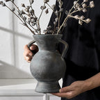 LUKA Antique Ceramic Vase with 2 Handle,9.25 inches Rustic Vase Minimalist Decor, Decorative Vases for Home Decor, Table, Living Room, Shelf, Christmas Decoration(Large,Black)