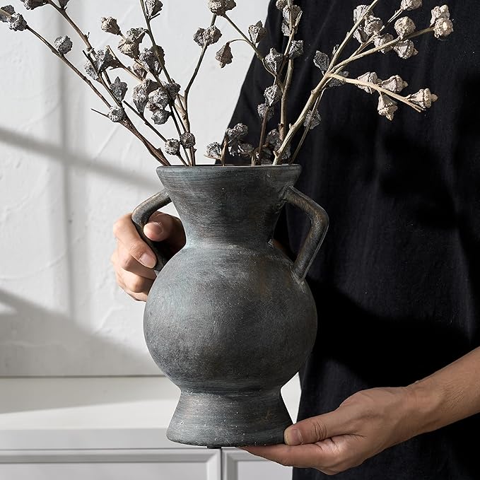 LUKA Antique Ceramic Vase with 2 Handle,9.25 inches Rustic Vase Minimalist Decor, Decorative Vases for Home Decor, Table, Living Room, Shelf, Christmas Decoration(Large,Black)