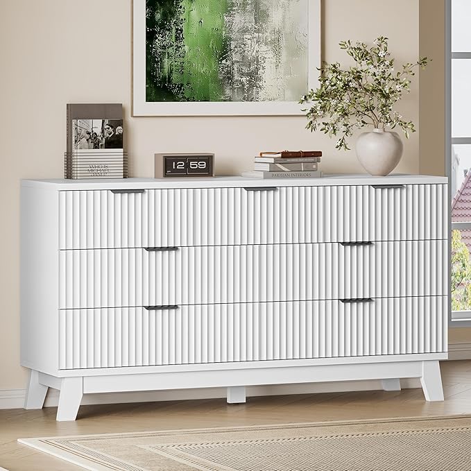 57" Long Dresser for Bedroom, 7-Drawer Fluted Chest, Wide Wood Storage Dresser with Metal Slides and Handles, Stable Base, Modern Clothes Organizer for Primary Suite, Guest Room, Nursery