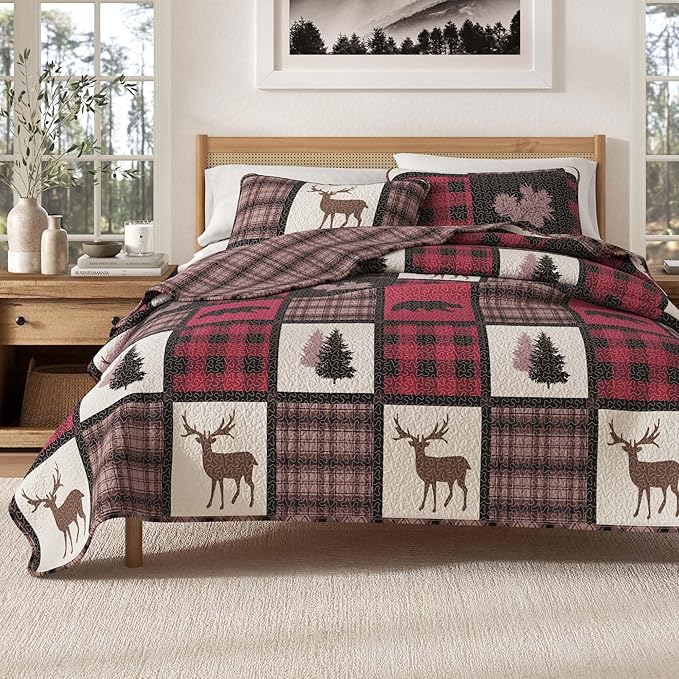 Great Bay Home Lodge Bedspread Twin/Twin XL Size Quilt with 1 Sham. Cabin 2-Piece Reversible All Season Quilt Set. Rustic Quilt Coverlet Bed Set. Stonehurst Collection. (Red/Black)