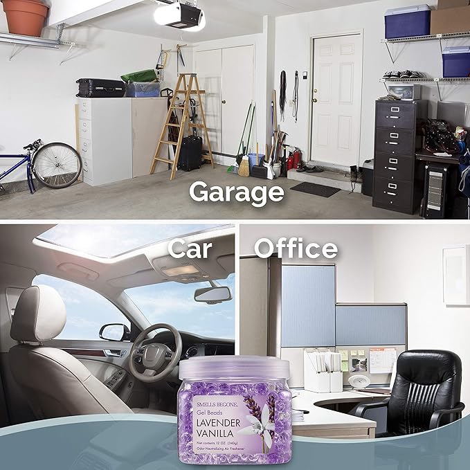 SMELLS BEGONE Odor Eliminator Gel Beads - 12 oz, Pack of 2 - Eliminates Odor in Bathrooms, Cars, Boats, RVs & Pet Areas - Air Freshener - Made with Essential Oils - Lavender Vanilla Scent