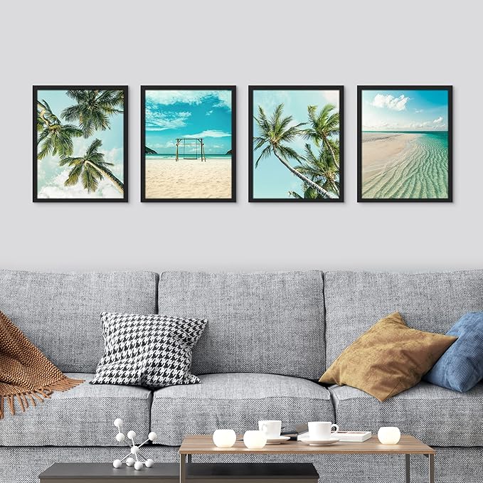 SIGNWIN Framed White Topical Teal Sky Palm Tree Beach Ocean Seaside Wall Art, Set of 4 Landscape Colorful Wall Decor Prints, Nature Wilderness Wall Décor for Living Room, Bedroom - 11"x14" Black
