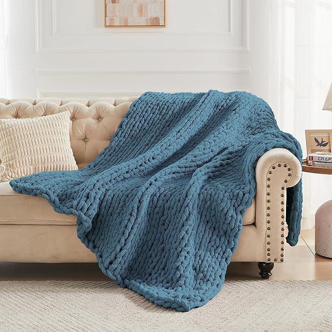 Carriediosa Chunky Knit Throw Blanket 50" X 60", 100% Hand Made Large Chenille Loop Yarn Soft Fluffy Throws for Couch Sofa Bed, Big Crochet Cozy Heavy Thick Cable Woven Blankets, Lyons Blue