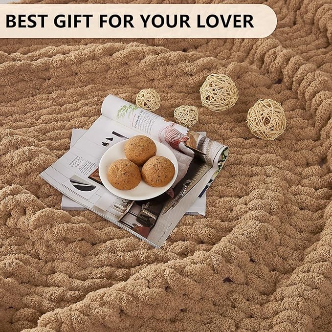 L'AGRATY Chunky Knit Blanket Throw: 72''x84'' Chenille Chunky Knitted Throw Blankets for Bed Couch - Handmade Thick Big Cable Knit Blanket - Large Crochet Rope Blankets for Home Decor(Tan)