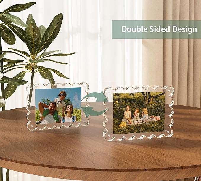 Opps Acrylic Picture Frame 4x6: 3 Pack Magnetic Picture Frames, Cute Wavy Double Sided Photo Frame, Clear Scalloped Picture Frame for Home Decor Display