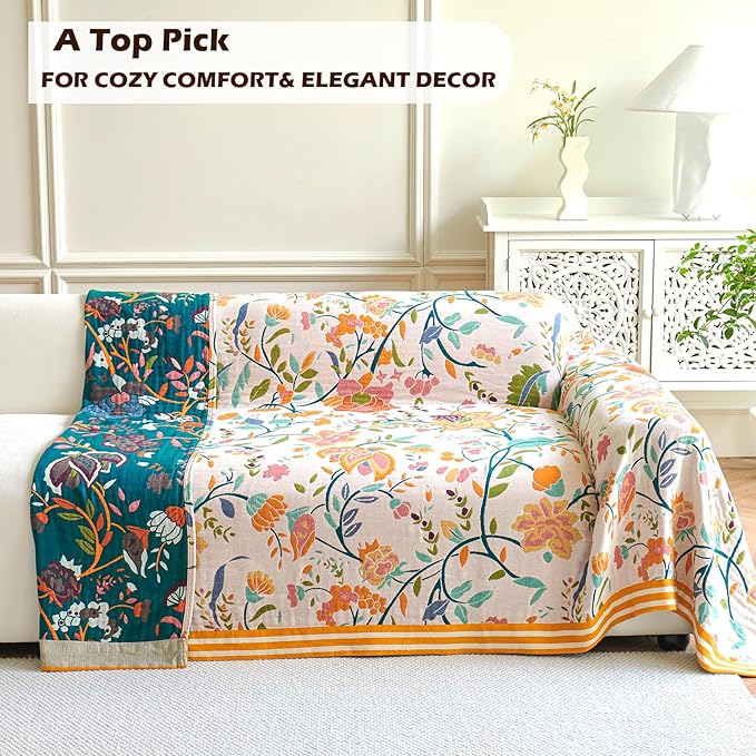 Boho Throw Blanket, 100% Organic Cotton Breathable Ultra Soft 91" x 98" Bed Quilt Throw - All Season Floral Rustic Farmhouse Decor Luxury Reversible Blanket for Sofa Couch Chair and Gift
