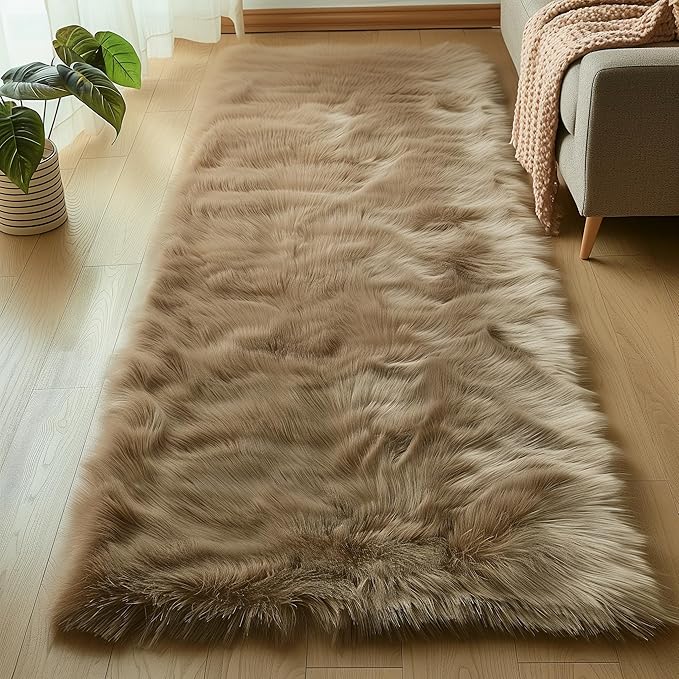 Goolela Furry 2x6 Fluffy Faux Sheepskin Beige Washable Shag Rug for Living Room Bedroom Sofa Cute Room Decor Rectangle