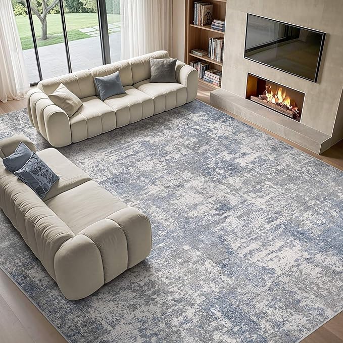 Tortania Washable 9x12 Area Rug for Living Room: Modern Abstract Neutral Large Soft Thin Rugs - Non Slip Indoor Carpet for Bedroom Dining Room Office Nursery Home Floor Decoration - Blue Grey