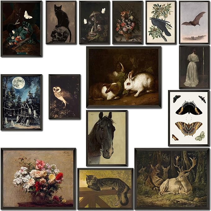 LANCHI95 15PCS Dark Cottagecore Decor, Dark Academia Decors, Cottage Core Whimsical Wall Art Goth Darks Moody Wall Decor for Living Room Bedroom 8x10 in (UNFRAMED)