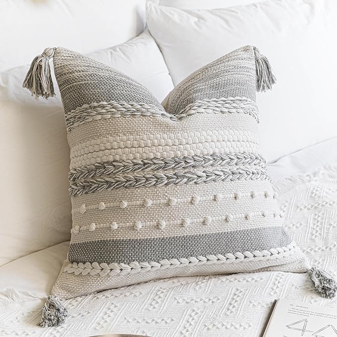 BlissBlush Gray Boho Decorative Throw Pillow Cover 22x22 Square Farmhouse Accent Cushion for Couch Sofa Livingroom Bedroom Pillowcase Modern Home Décor (Pack of 1)
