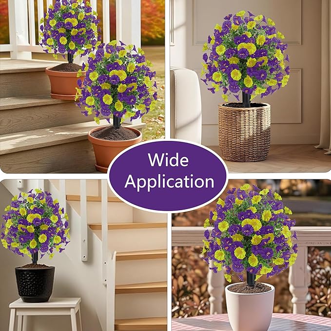 22.8" Set of 2 Fall artificial Boxwood topiary Ball tree for outdoors with Spike,UV Resistant Faux Shrubs Outdoor with morning glory flowers,Faux Plants Bushes for Garden Porch Yard Patio Decor YP