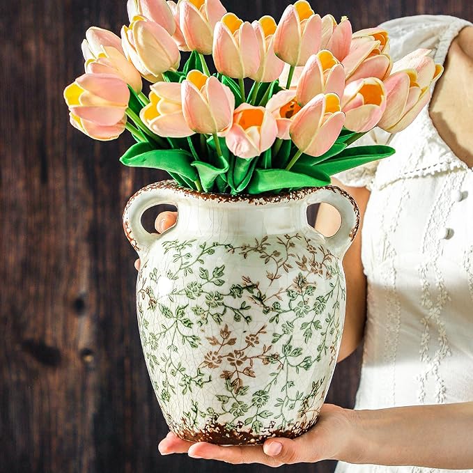 Enra Vintage vase,7.8 Inch Green and Beige Ceramic Decorative Flower vase, Chinoiserie Floral Vase,Large Rustic Vases for Home Decors, Living Room, Bookshelf, Office