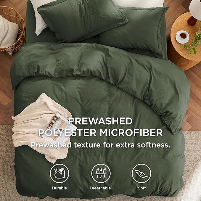 Bedsure Duvet Cover Queen Size with Fitted Sheet - 4 Pieces Prewashed Cotton-Like Extra Soft Bedding Set, Includes 1 Duvet Cover 90x90 Inches, 2 Pillow Shams, 1 Fitted Sheet, Olive Green