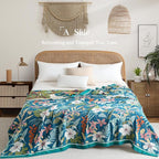 Boho Throw Blanket Full Size, Extra Large Soft Cozy Cotton Muslin Quilt Blanket for Bed Decor, Floral Patterned Couch Sofa Chair Cover, Vintage Farmhouse Cottage Woven Blanket, Teal&Green