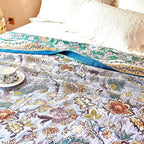 Boho Throw Blanket 91" x 98", 100% Organic Cotton Breathable Ultra Soft Bed Purple Quilt Throw - All Season Luxury Floral Farmhouse Decor Blanket for Sofa Couch Chair and Gift.