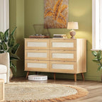 WLIVE Rattan Dresser for Bedroom, 6 Drawer 47.24'' Wide Boho Wood Dresser, Chest of Drawers, Gold Metal Handle, TV Stand for 55 inch TV, Storage Cabinet for Living Room, Hallway, Light Oak
