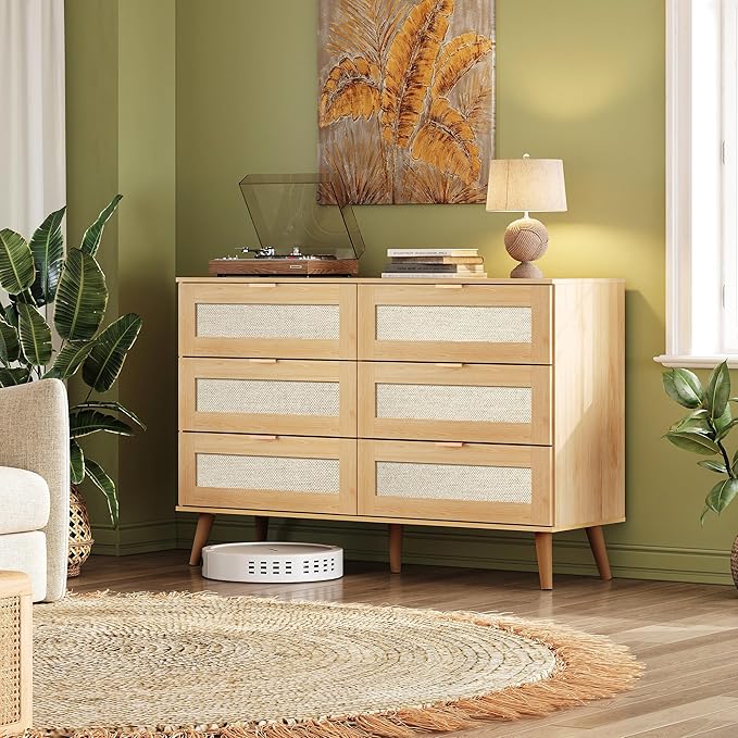 WLIVE Rattan Dresser for Bedroom, 6 Drawer 47.24'' Wide Boho Wood Dresser, Chest of Drawers, Gold Metal Handle, TV Stand for 55 inch TV, Storage Cabinet for Living Room, Hallway, Light Oak