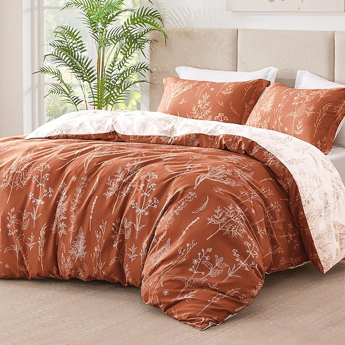 Love's cabin Terracotta Comforter Set King - King Size Comforter Set, 3 Pieces Cute Floral Bedding Sets for All Seasons,1 Soft Reversible Botanical Flowers Comforter and 2 Pillow Shams