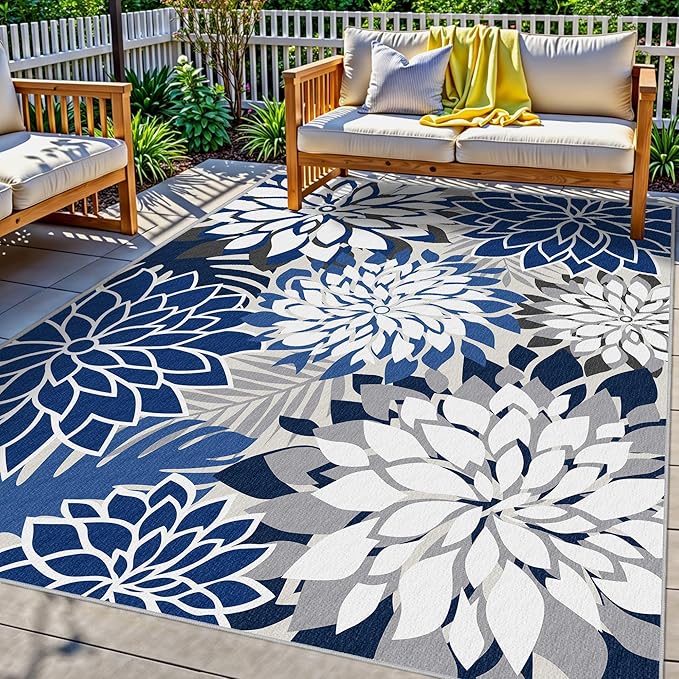 Indoor Outdoor Area Rug Washable Multicolored Patio Rug Tropical Botanical Modern Floral Indoor Outdoor Carpet Blue White Rug Non Slip for Patio, Deck, Backyard, Porch (6x9)