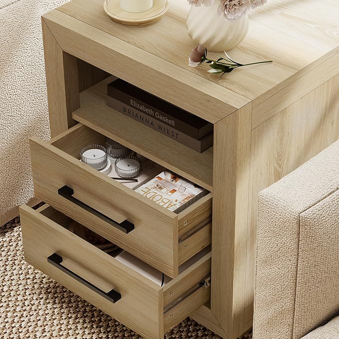 Hazel 2 Drawers End Table, 21" Side Table with Open Storage Shelf, Solid Modern Rustic Nightstand for Bedroom, Living Room or Home Offices