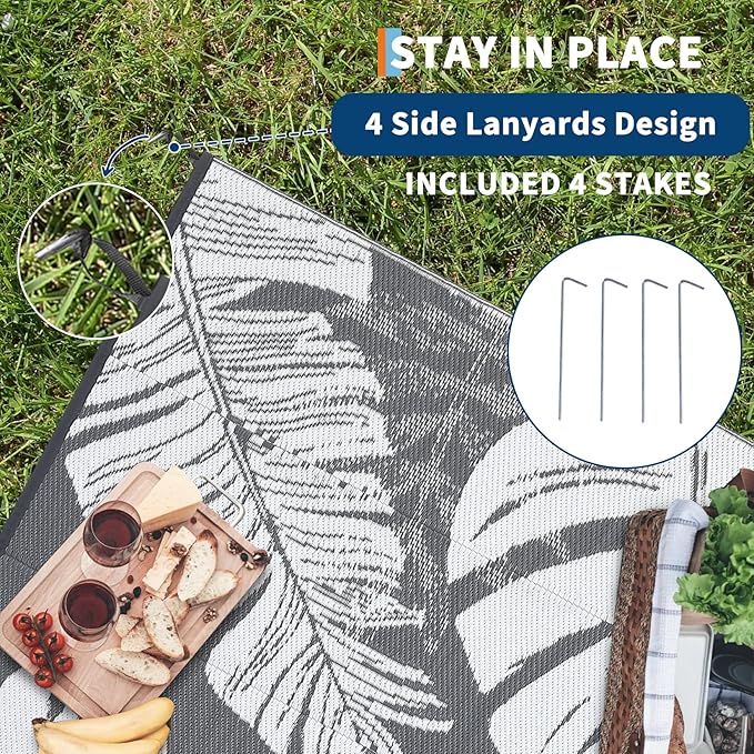 GAOMON Waterproof Outdoor Rug 8x10 Reversible Outdoor Plastic Straw Rug Modern Patio Carpet, Foldable Lightweight RV Camping Mat with Portable Bag & 4 Stakes, UV Resistant & Sturdy for Picnic, Grey