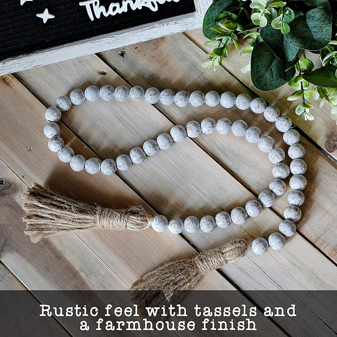 Farmhouse Wood Bead Garland Home Decor, Natural Wooden Garland for Tiered Tray, Decorative Tassel for Tier Tray, Rustic Beads Centerpiece Boho Table Decor, Beaded Accent White Washed
