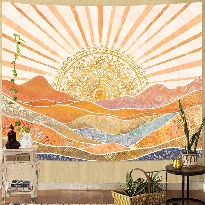 Lunerfex Bohemian Mandala Sunrise Wall Tapestry, Abstract Mountain Scenery Tapestries for Home Decor, Boho Tapestry 80x60 Inch