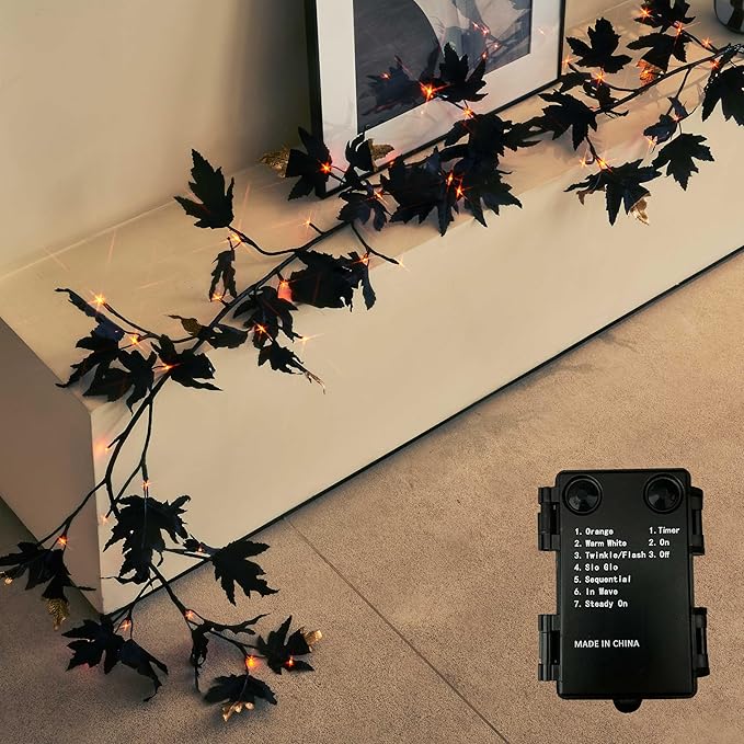 Birchlitland Halloween Black Maple Garland with Lights Timer 48 LED Orange and Warm White Fairy Lights, Battery Operated for Indoor and Outdoor Halloween Party Decoration