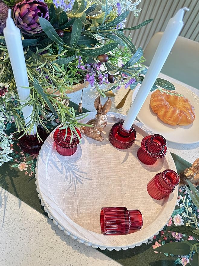 Double Sided Vintage Ribbed Taper Glass Candle Holders,Tea Candle Holder for Table Centerpieces, Wedding Decorations and Dinner Parties (Red, 6 PCS)