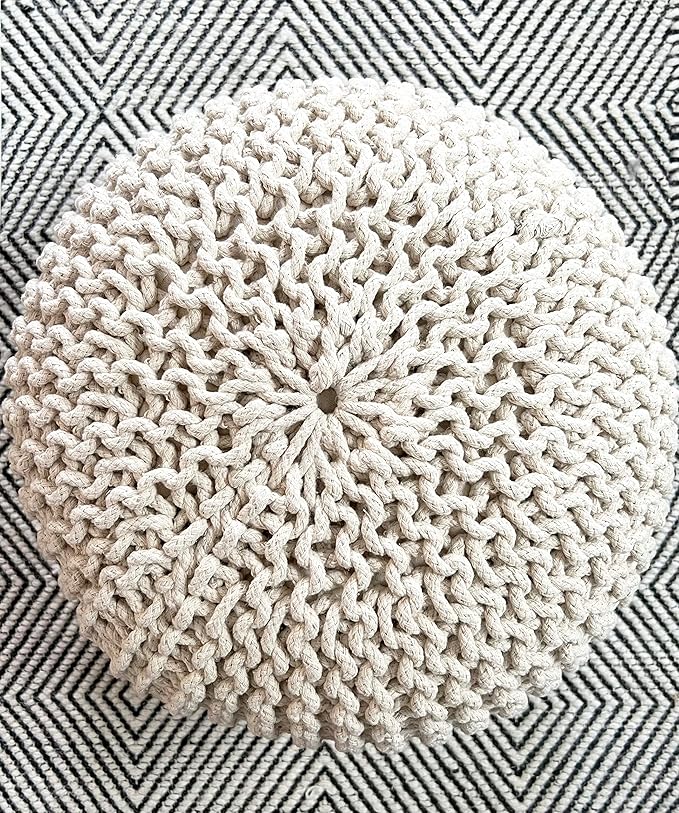 FRELISH DECOR Round Pouf Ottoman Hand Knitted 100% Cotton Pouf Foot Stool - Knitted Bean Bag - Floor Chair for Living Room Bedroom - Foot Rest for Couch (20 Diameter x 14 Height) - Natural
